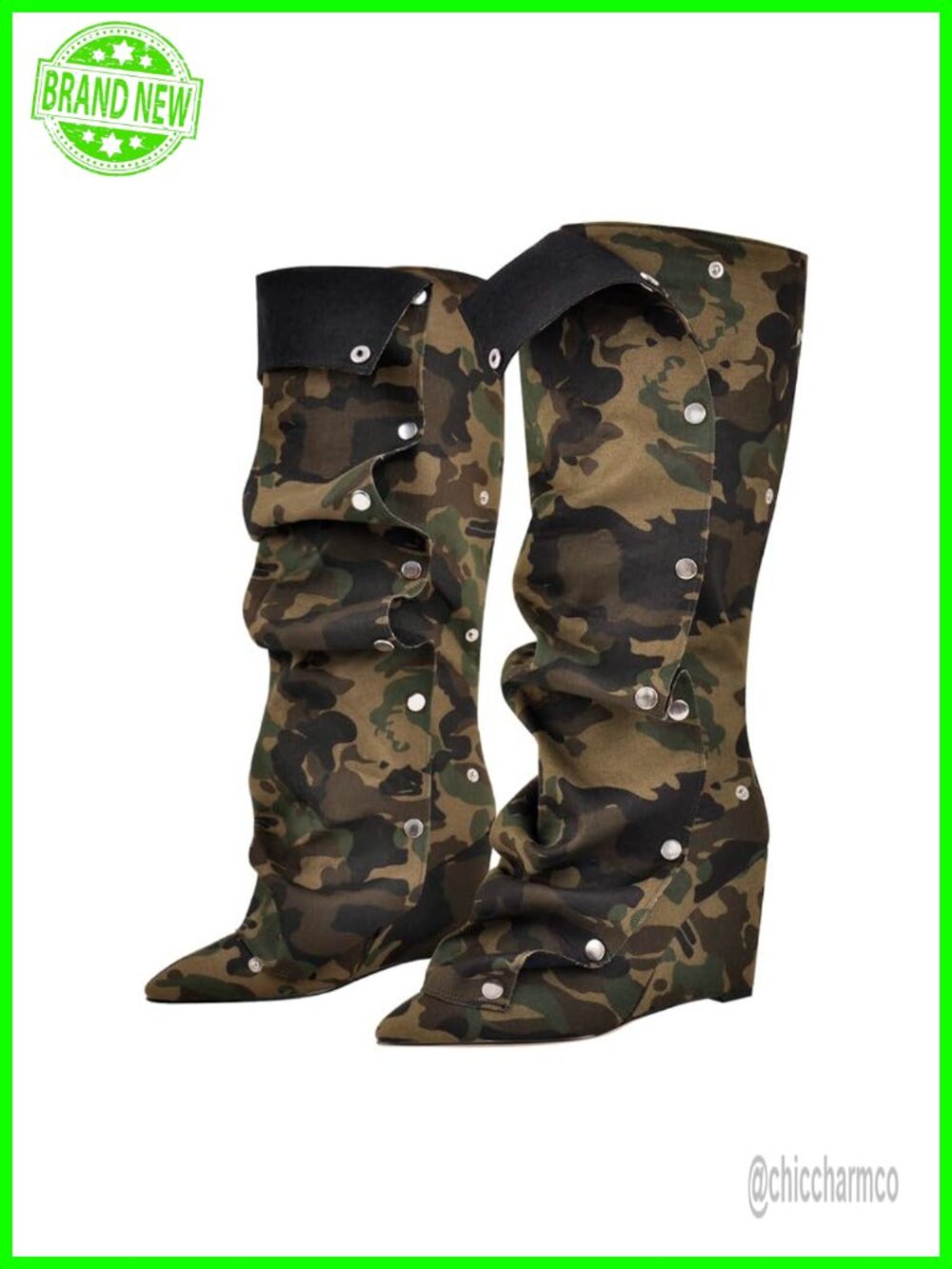 Wedge Heel Knee High Slouchy Foldover Button Boots Vegan Friendly